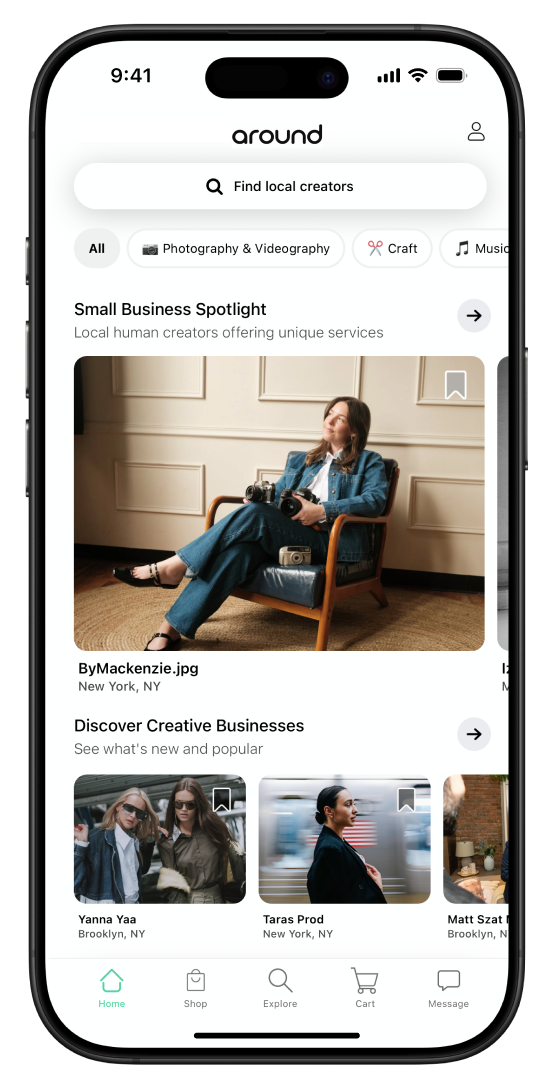 The Around app home screen showing local creator search and spotlight listings