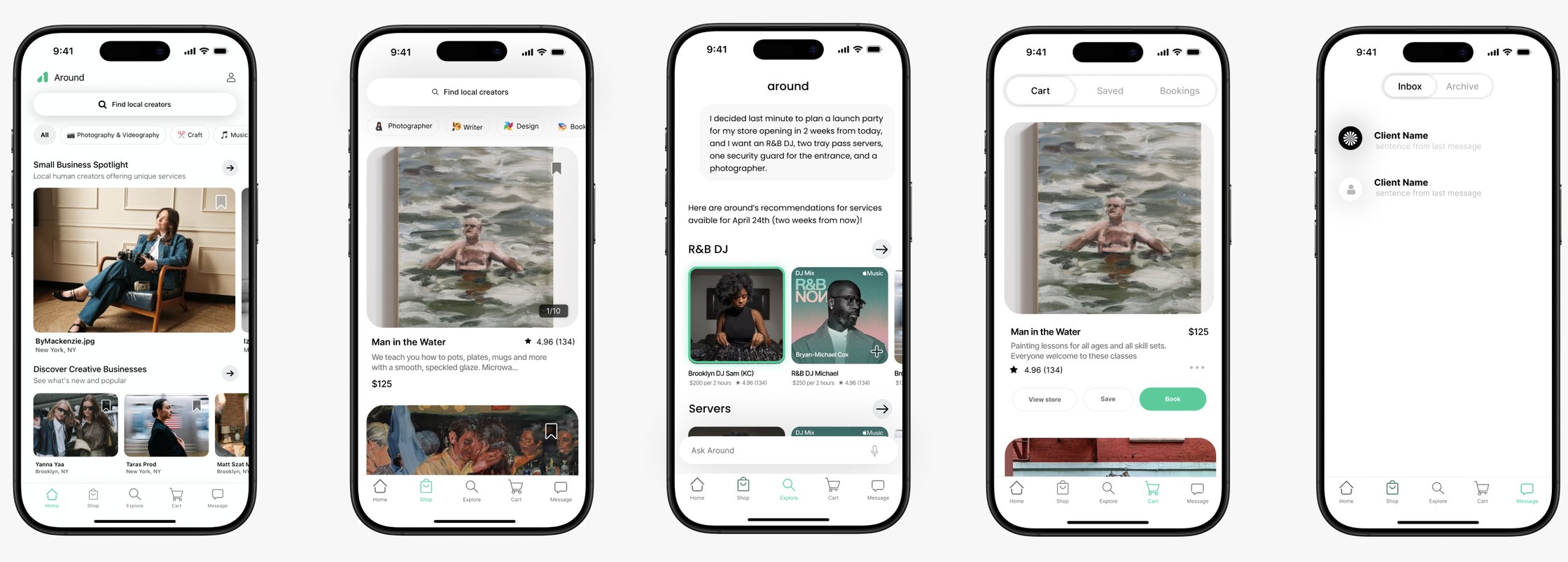 Five screens of the Around app: home search, a creator profile, the AI assistant, cart and bookings, and messages