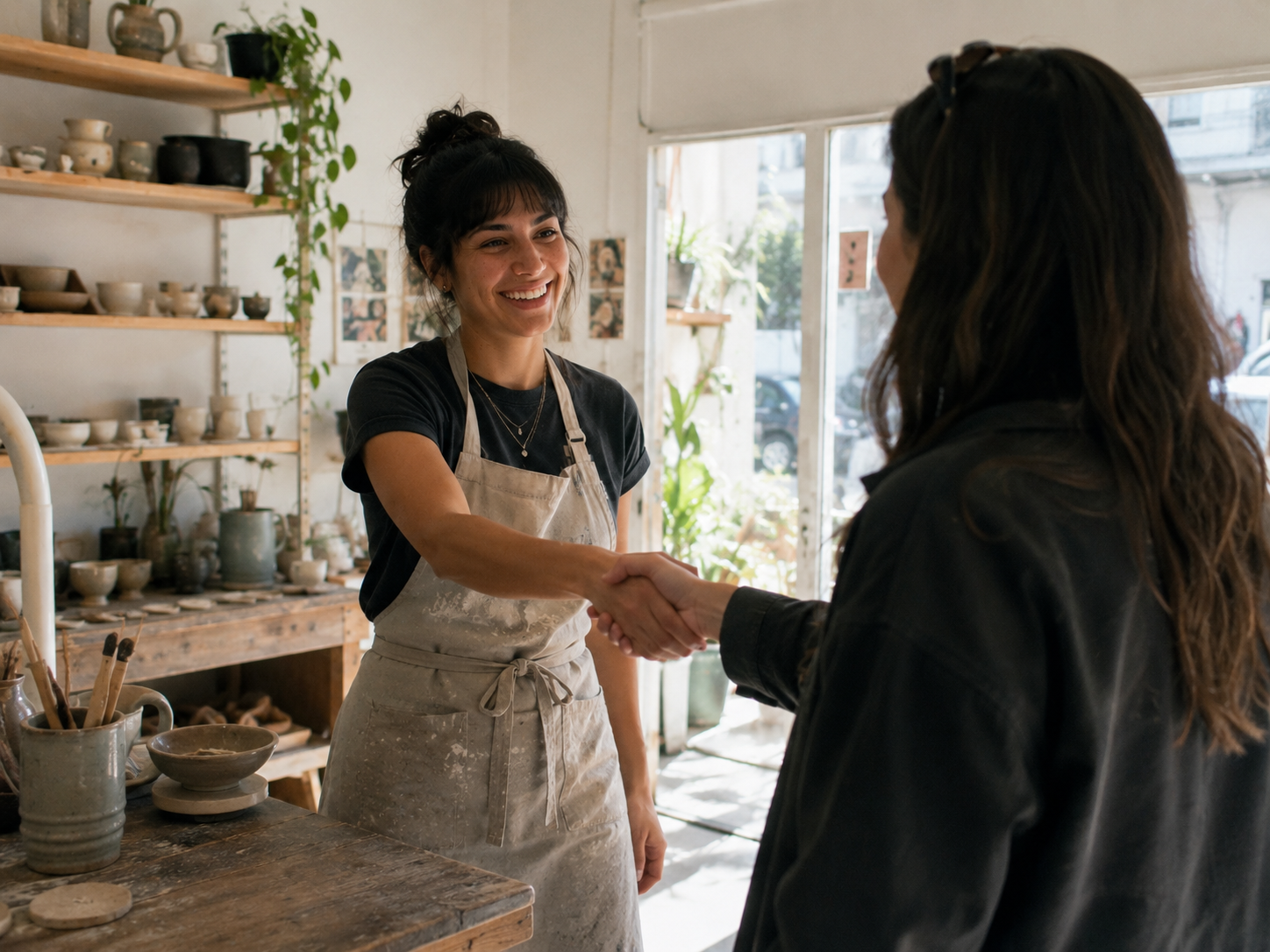 A shop owner shaking hands with a customer in their studio