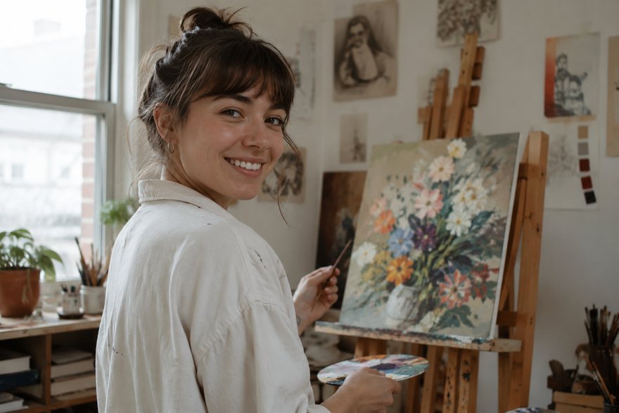A painter working at an easel in a sunlit studio
