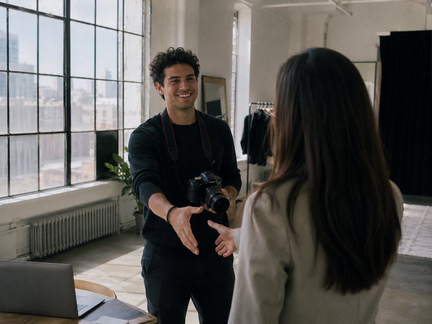 Two creators talking in a bright workspace