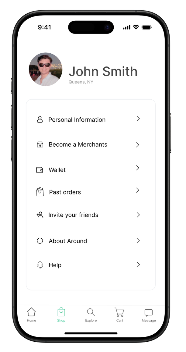 The Around app account settings screen with a Become a Merchant option