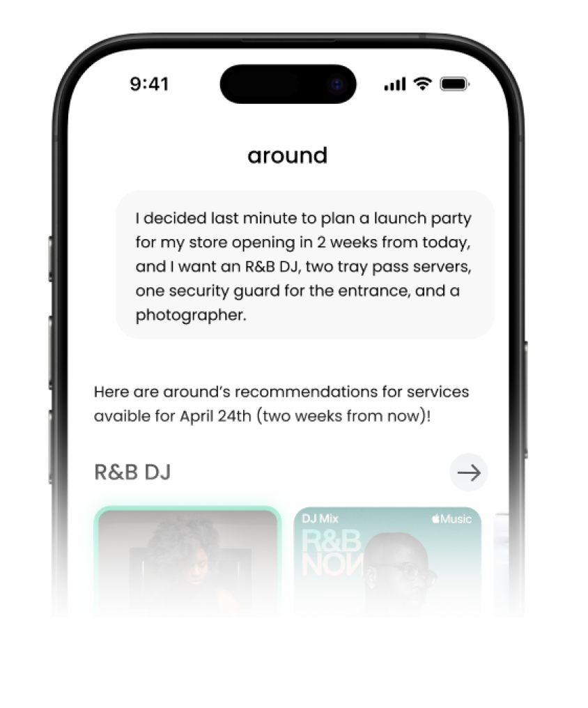 The Around AI assistant recommending R&B DJs and servers for an event