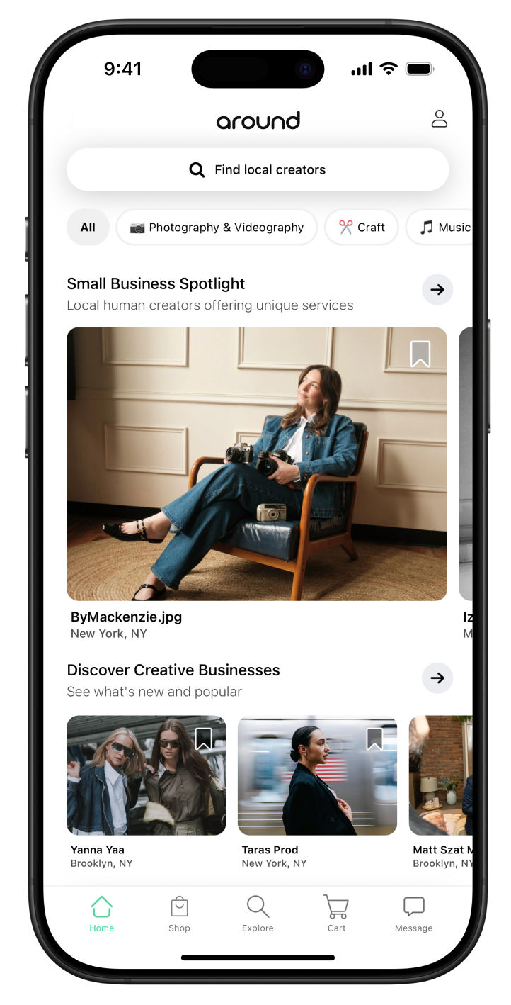 The Around app showing local creator search and the small business spotlight